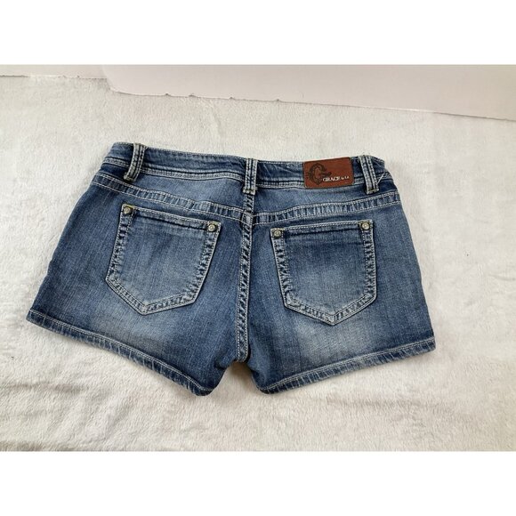 GRACE‎ Dark Wash Embroidered Embellished Denim Jean Shorts Women's SZ 30 Boho - Picture 6 of 9